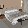 Double Bed With Beige Headboard White Sheets Gray Blanket Nightstand Lamp Bench And Window Curtains