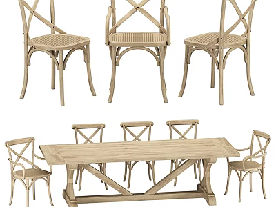Elegant Pendant Light Hanging Above Rustic Wooden Dining Table With Chairs 3d model