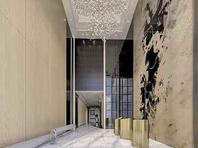 Modern Lobby Reception Area With Crystal Chandelier Artistic Wall Decor Golden Desk And Bench Seating 3d model