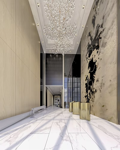 Modern Lobby Reception Area With Crystal Chandelier Artistic Wall Decor Golden Desk And Bench Seating 3d model