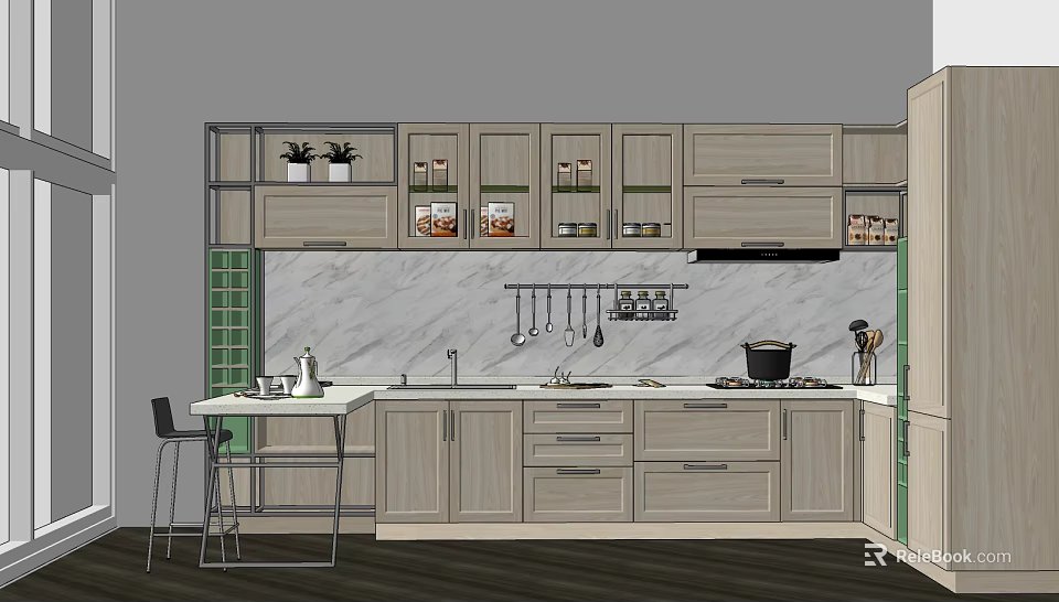 Modern Kitchen Cabinets With Light Wood Finish Marble Countertop And Island 3d model 