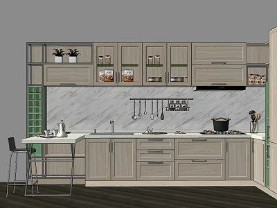 Modern Kitchen Cabinets With Light Wood Finish Marble Countertop And Island 3d model