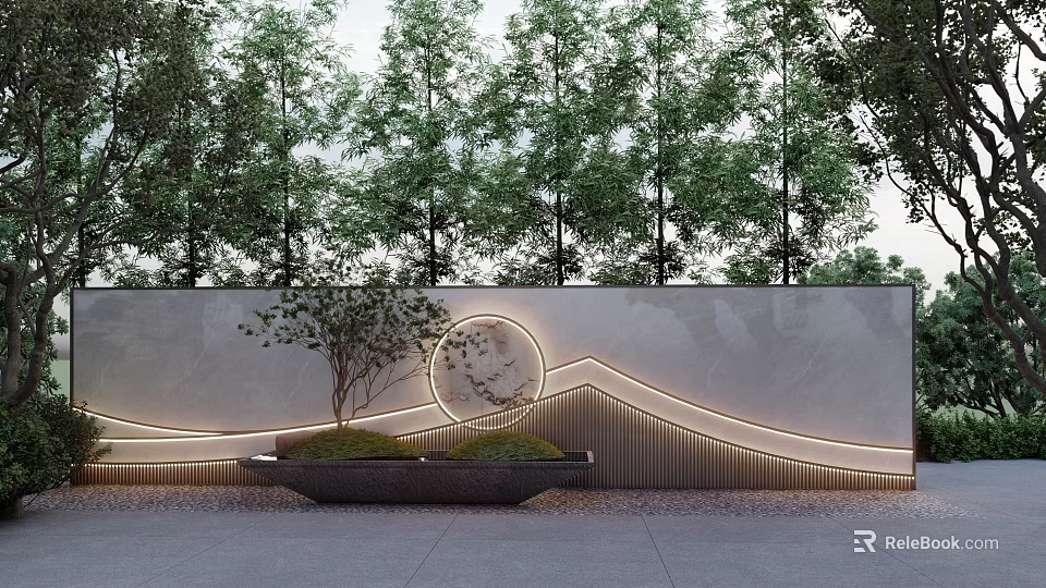 Modern Stone Feature Wall With Curved Lines Circular Decoration Lighting Strips Planter And Trees Behind 3d model 