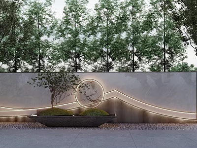 Modern Stone Feature Wall With Curved Lines Circular Decoration Lighting Strips Planter And Trees Behind 3d model