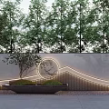 Modern Stone Feature Wall With Curved Lines Circular Decoration Lighting Strips Planter And Trees Behind
