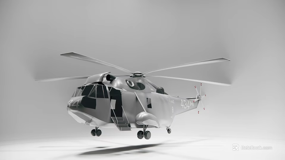 Silver Military Helicopter With Cockpit Windows Side Door And Rotors 3d model 
