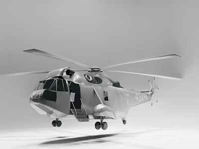 Silver Military Helicopter With Cockpit Windows Side Door And Rotors 3d model