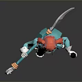 Game Movie Character With Red Hair Blue Coat Holding Fork Weapon Design
