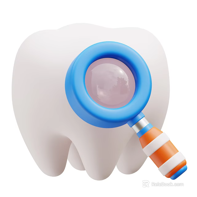 White Tooth Model Examined By Blue Magnifying Glass With Orange Striped Handle 3d model 
