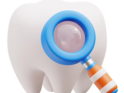 White Tooth Model Examined By Blue Magnifying Glass With Orange Striped Handle 3d model