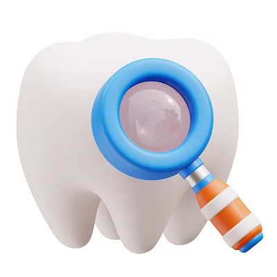 White Tooth Model Examined By Blue Magnifying Glass With Orange Striped Handle 3d model