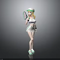 Cute Child in White Green Sportswear with Cap Holding Tennis Racket