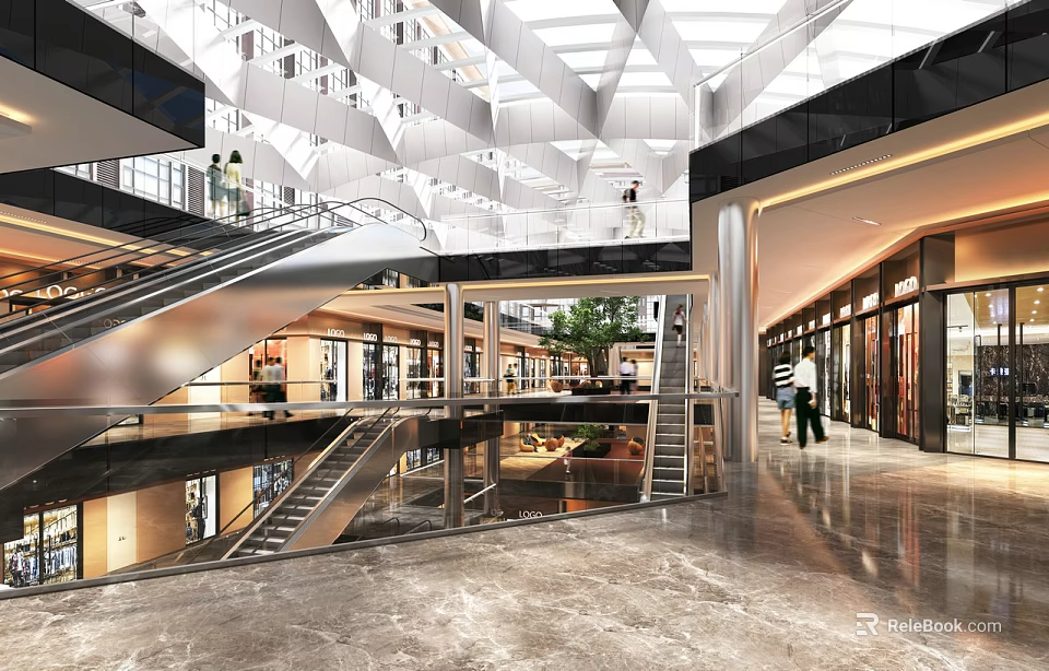 Spacious Modern Shopping Mall Lobby With Glass Ceiling Escalators And Marble Floor 3d model 