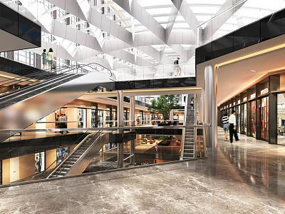 Spacious Modern Shopping Mall Lobby With Glass Ceiling Escalators And Marble Floor 3d model