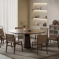 Modern Minimalist Round Wooden Dining Table Set with Six Rattan Back Chairs and Area Rug