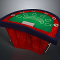 Curved Casino Gambling Table With Green Felt Surface And Red Wooden Frame