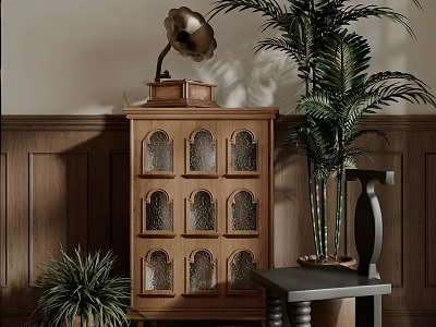 Vintage Wooden Decorative Cabinet with Arched Glass Doors Topped with Gramophone and Small Green Plants 3d model