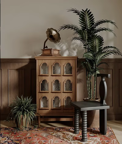 Vintage Wooden Decorative Cabinet with Arched Glass Doors Topped with Gramophone and Small Green Plants 3d model