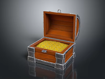 Open Wooden Chest With Gold Coins Inside And Metal Trim Accents 3d model