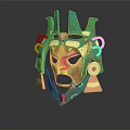 Traditional Ornate Green And Gold Decorative Mask With Intricate Carvings And Tassels