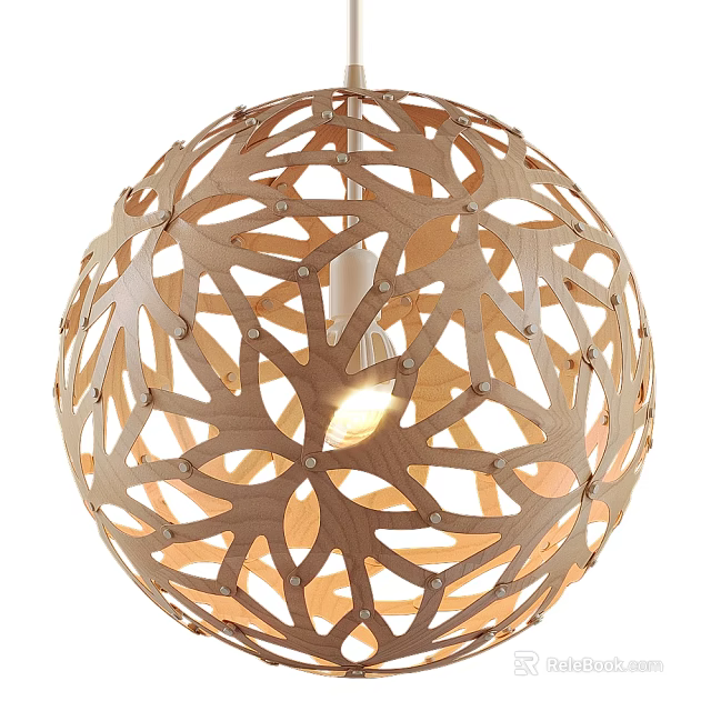 Wooden Spherical Chandelier with Intricate Laser Cut Patterns and Inner Illuminated Bulb in Interior Design 3d model 