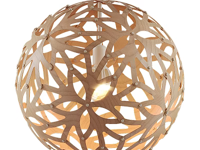 Wooden Spherical Chandelier with Intricate Laser Cut Patterns and Inner Illuminated Bulb in Interior Design 3d model