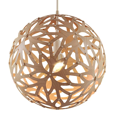 Wooden Spherical Chandelier with Intricate Laser Cut Patterns and Inner Illuminated Bulb in Interior Design 3d model