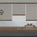 Tea Set Display By Window With Bamboo Blinds Mountain View Greenery And Wooden Floor
