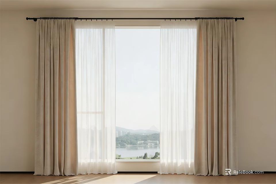 Thick Beige Curtains and Sheer White Panels for Window with Lake Mountain View and Sunlight 3d model 
