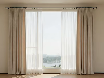 Thick Beige Curtains and Sheer White Panels for Window with Lake Mountain View and Sunlight 3d model