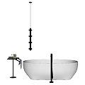 Modern Bathroom Set with White Freestanding Bathtub Black Shelf and Mirror Bulb Lights