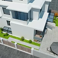 Modern White Two Story Detached Villa With Black Garage Door Green Plants And Iron Gate