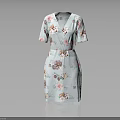 Light Blue Floral Pattern V Neck Short Sleeves Dress With Waist Tie Design