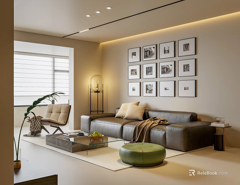 Modern Living Dining Room Interior With Sofa Coffee Table Framed Wall Art Floor Lamp And Plant 3d model 