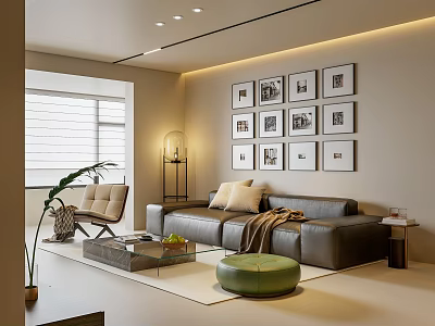 Modern Living Dining Room Interior With Sofa Coffee Table Framed Wall Art Floor Lamp And Plant 3d model