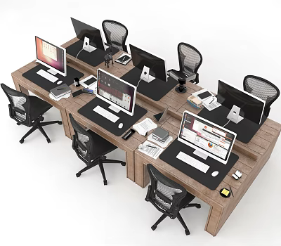 Multiple Wooden Office Desks With Computer Monitors Ergonomic Mesh Chairs And Workspace Setup 3d model