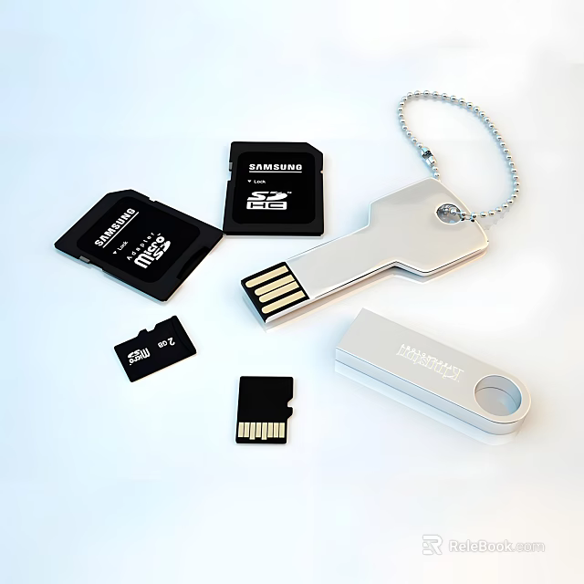 Samsung Memory Cards And Key Shaped USB Drive Portable Storage Devices 3d model