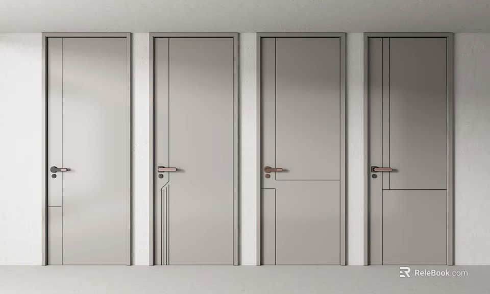 Four Modern Hinged Doors with Sleek Panel Designs and Metal Handles in Light Tone 3d model 