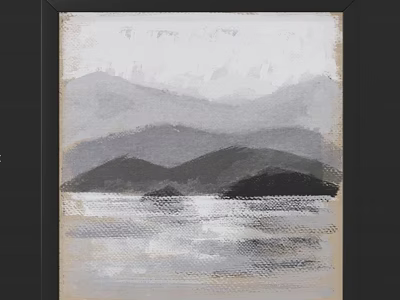 Framed Monochrome Gray Tones Landscape Painting With Layered Mountains And Calm Water Surface 3d model