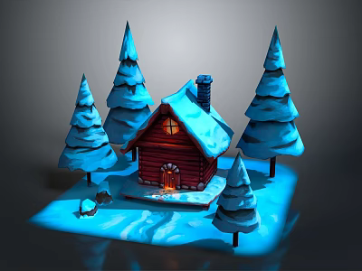 Cartoon Winter Scene With Snow Covered Log Cabin Pine Trees And Warm Light 3d model