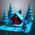Cartoon Winter Scene With Snow Covered Log Cabin Pine Trees And Warm Light