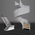 Two Modern Spiral Staircases In White Space With Dark Glass Railing And Light Wooden Steps