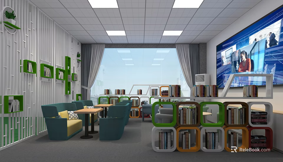 Modern Reading Lounge Interior With Green Blue Sofas Round Tables And Bookshelves 3d model 