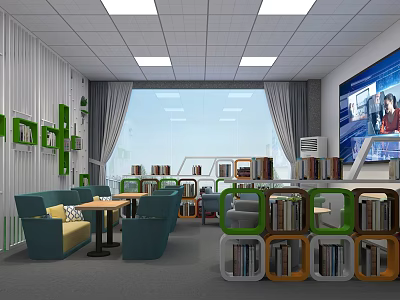 Modern Reading Lounge Interior With Green Blue Sofas Round Tables And Bookshelves 3d model