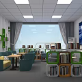 Modern Reading Lounge Interior With Green Blue Sofas Round Tables And Bookshelves