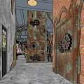 Industrial Style Event Space With Brick Walls Large Windows And Circular Green Area