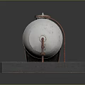 Cylindrical Metal Storage Tank With Red Ladder And Concrete Foundation Base