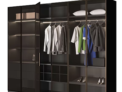 Modern Wardrobe Interior Design With Glass Doors Hanging Clothes Shoes And Storage Shelves 3d model