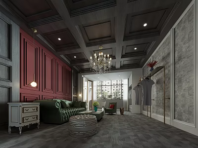 Elegant Living Room Interior With Dark Ceiling Red Walls Green Sofa And Chandelier 3d model