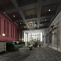 Elegant Living Room Interior With Dark Ceiling Red Walls Green Sofa And Chandelier